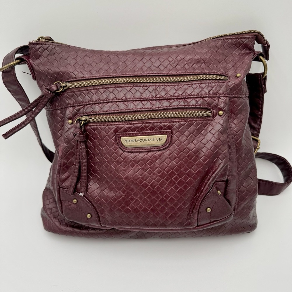 Stone Mountain USA Burgundy Woven Faux Leather‎ Multi-Pocket Crossbody Bag